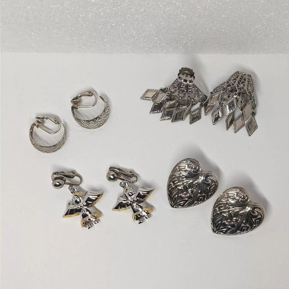 Silver Tone Clip On Earrings Lot Of 4 Pair Hooplier Heart Angel Chandelier